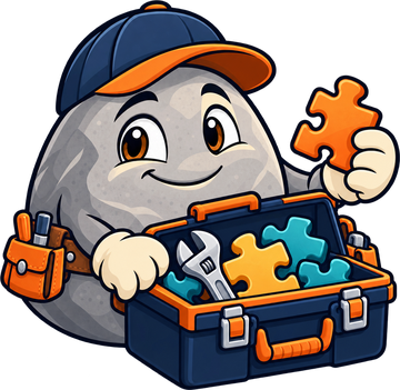 The stone mascot with a toolbox full of puzzle pieces
